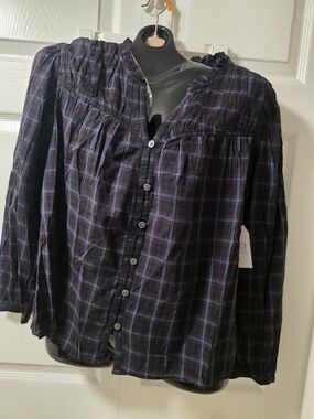 Time and Tru Black Plaid Button-Front Blouse with Blue Windowpane